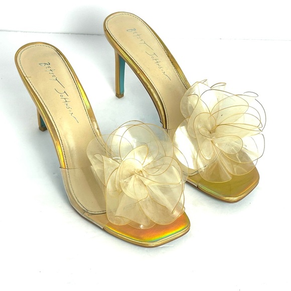 Blue by Betsey Johnson Dulce Lucite Heels Iridescent Gold Flower Petals Sz 8.5 M - Picture 1 of 13